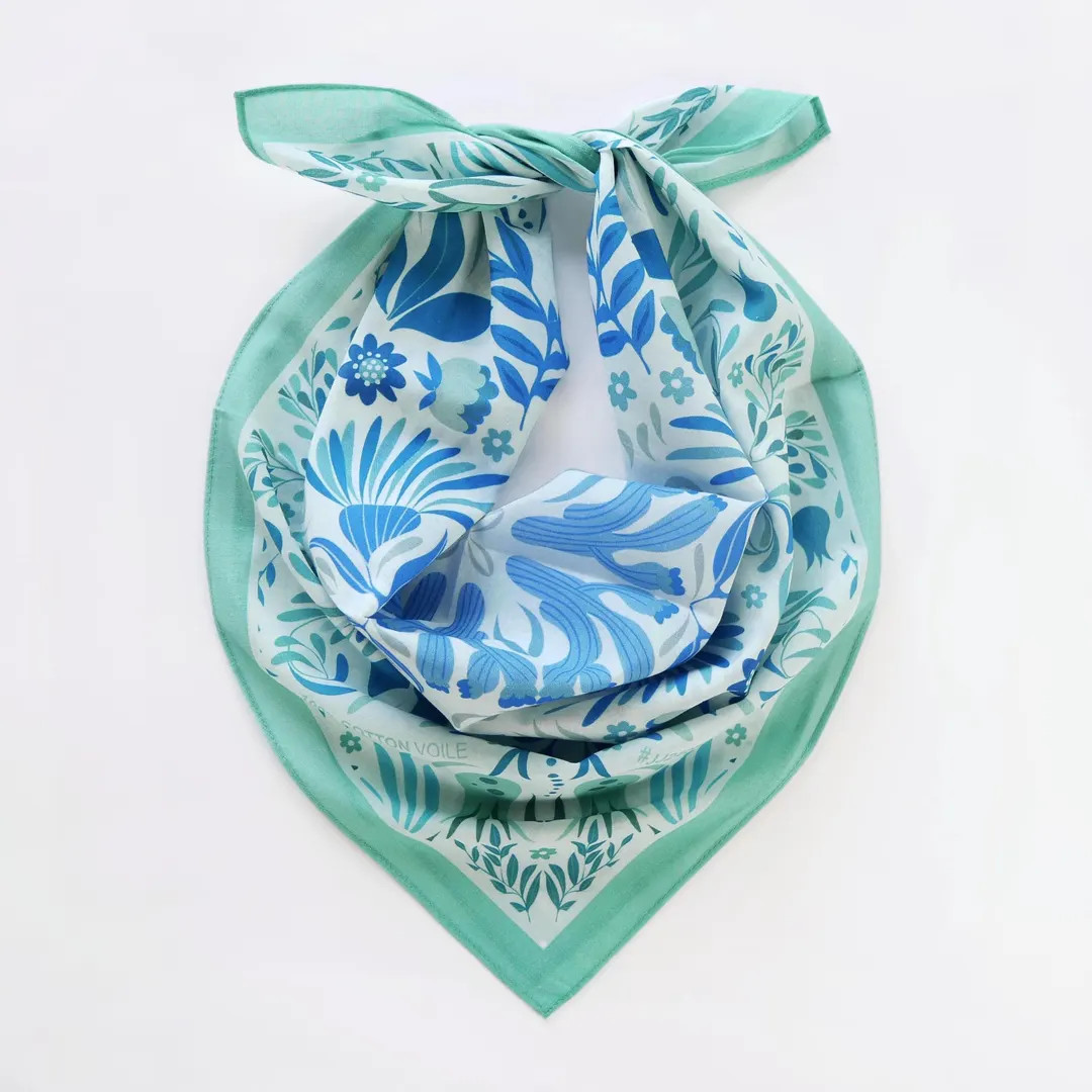 Sky Blue Floral Mint Cotton Voile Bandana Originally Designed Boho Flower Wrap Soft Pastel Botani... | Etsy (US)