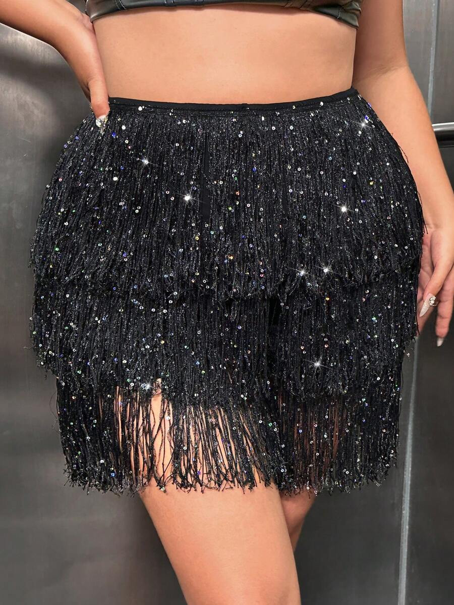 SHEIN CURVE+ Plus Size Women's Sparkling Fringed Shorts | SHEIN