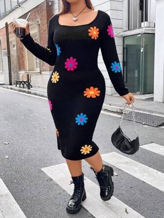 Plus Floral Pattern Square Neck Sweater Dress | SHEIN