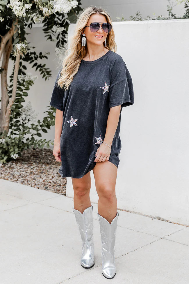 Feel Like Myself Black Sequin Star T Shirt Dress | Pink Lily