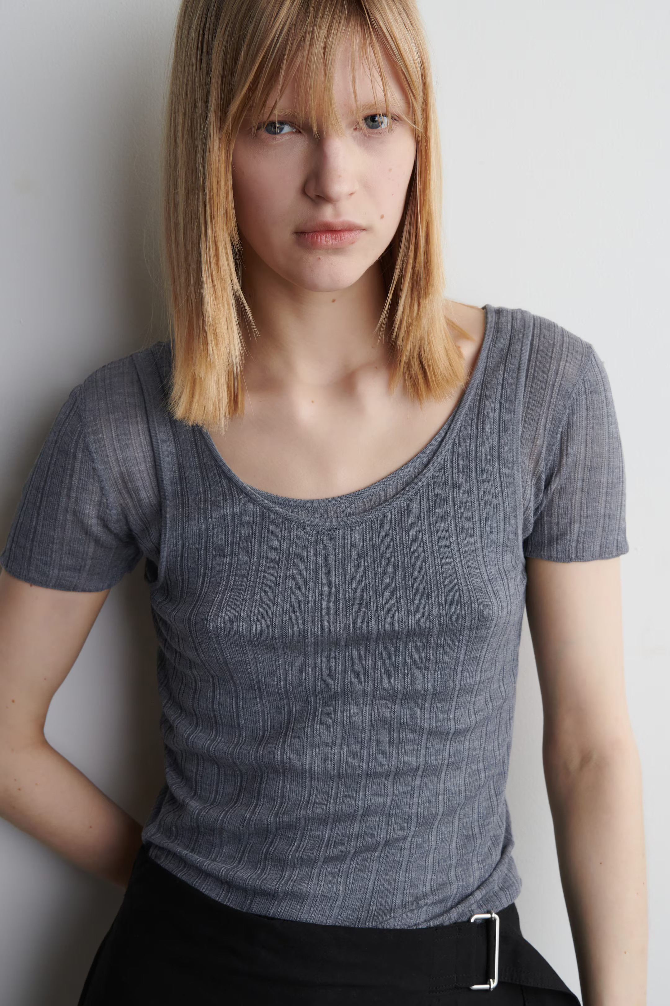 RIBBED-KNIT SILK T-SHIRT - LIGHT-GREY MÉLANGE | COS | COS UK