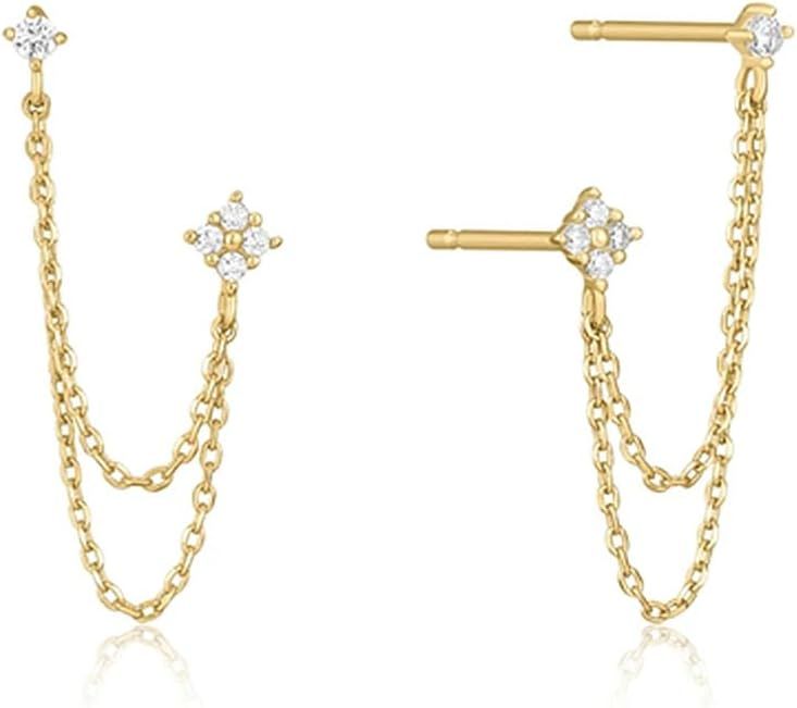 925 Sterling Silver Four Zircons Flower Stud Earrings For Women Double Studs Chain Tassel Piercin... | Amazon (US)