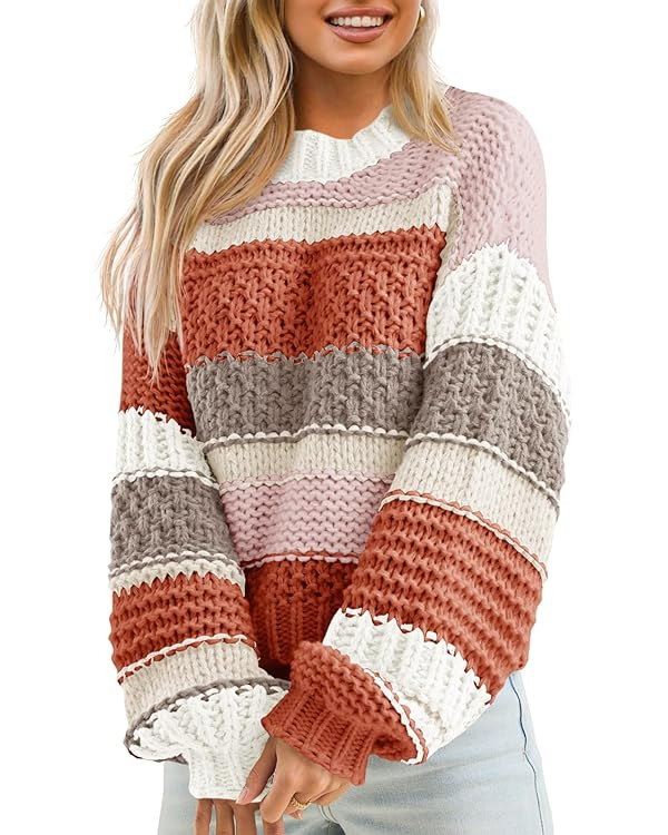 Saodimallsu Womens Color Block Sweater Striped Chunky Knit Cropped Sweaters Crewneck Fall Long Sl... | Amazon (US)