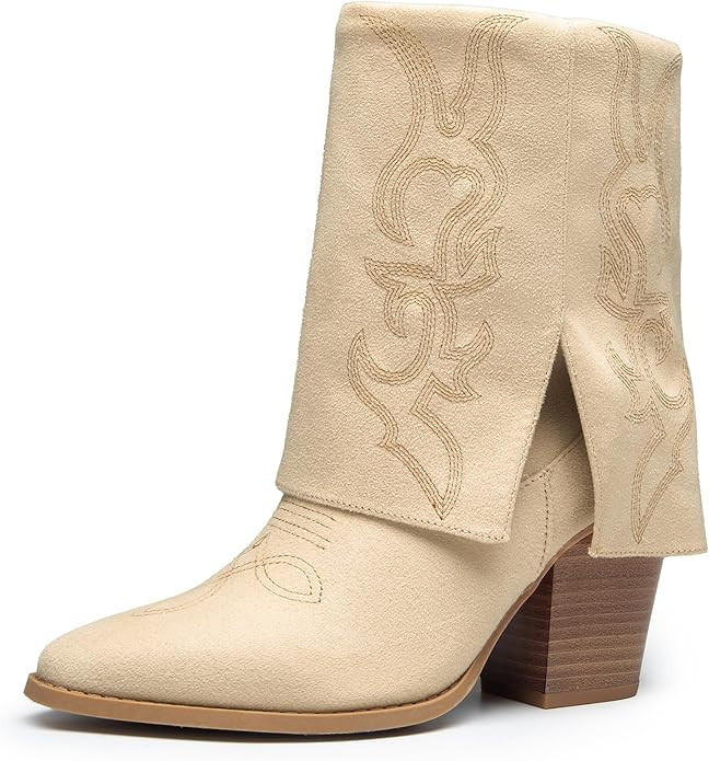 DREAM PAIRS Womens Cowboy Boots, Fold Over Pull On 3.14 Inch Chunky Heel Pointed Toe Embroidered ... | Amazon (US)