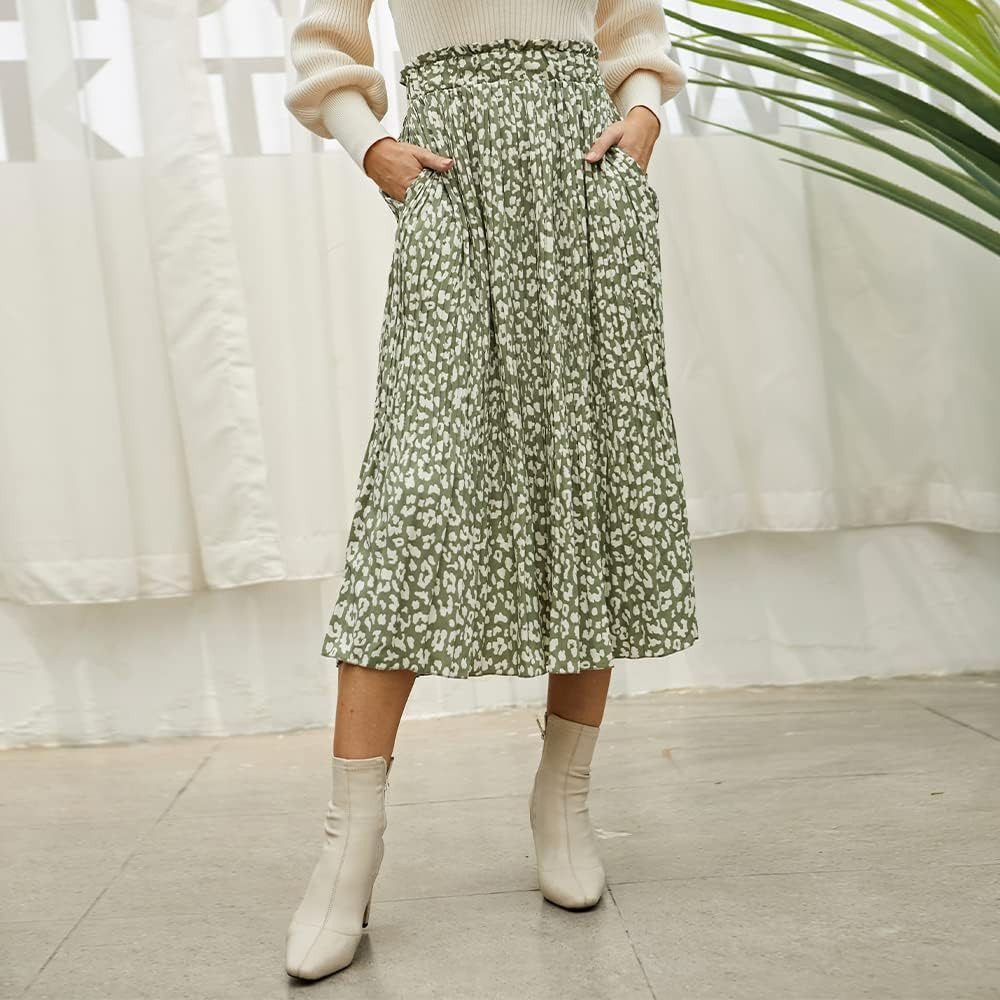 EXLURA Womens High Waist Polka Dot Pleated Skirt Midi Swing Skirt with Pockets | Amazon (US)