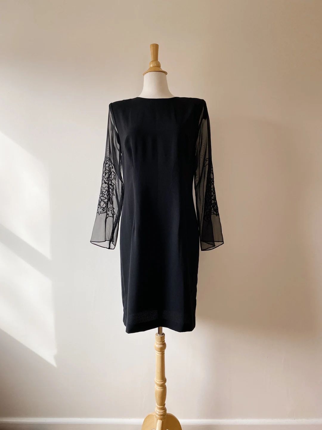 Vintage 90s Black Sheer Sleeve Dress Floral Embroidered Long - Etsy | Etsy (US)