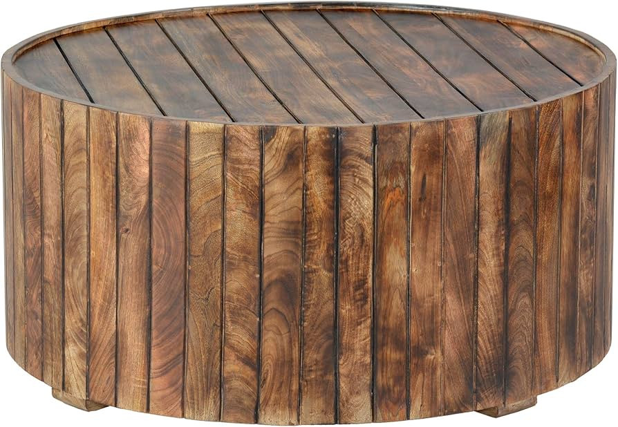 The Urban Port 34-Inch Handmade Wooden Round Coffee Table with Plank Design, Burned Brown | Amazon (US)