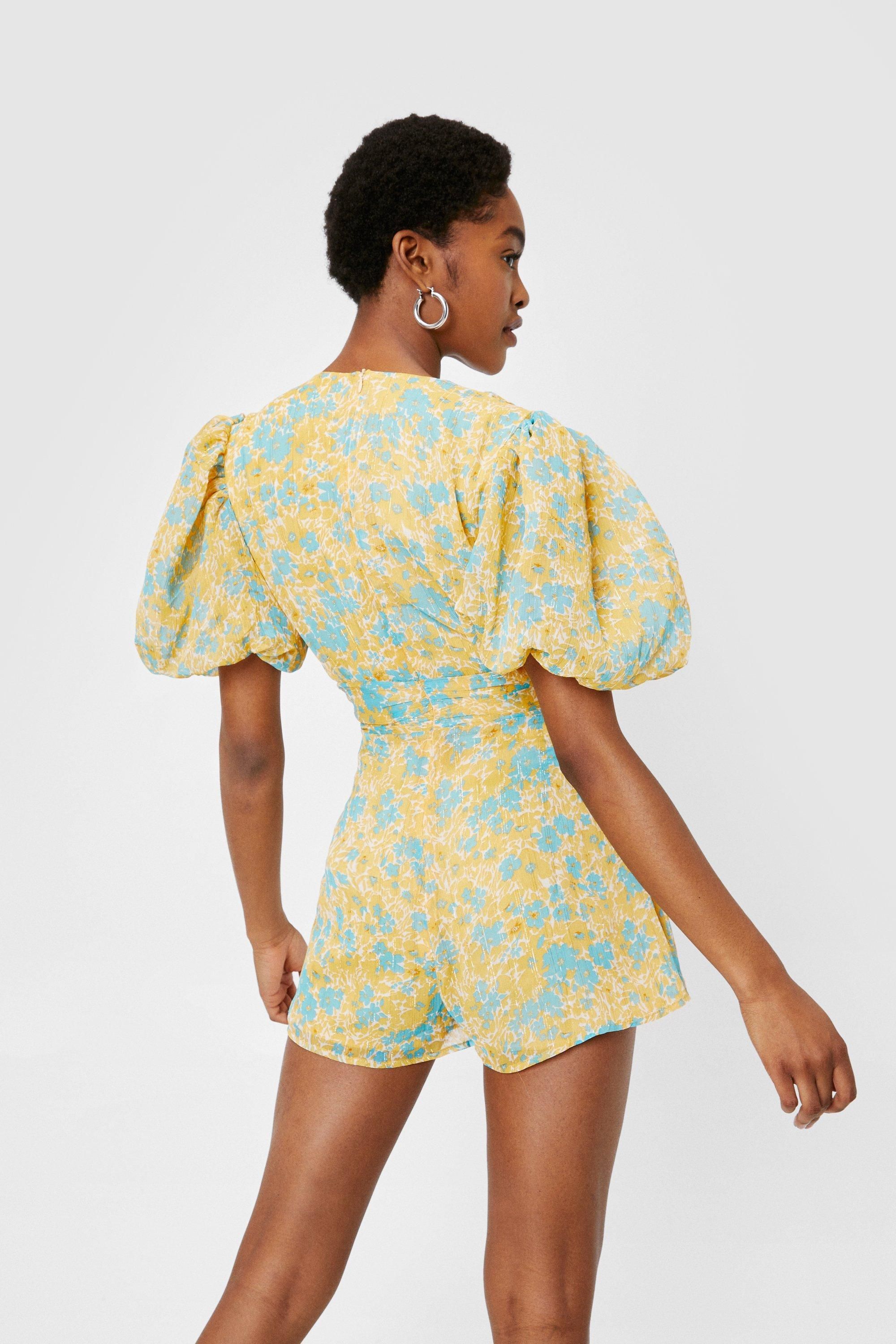 Floral Chiffon V Neck Puff Sleeve Playsuit | NastyGal (UK, IE)