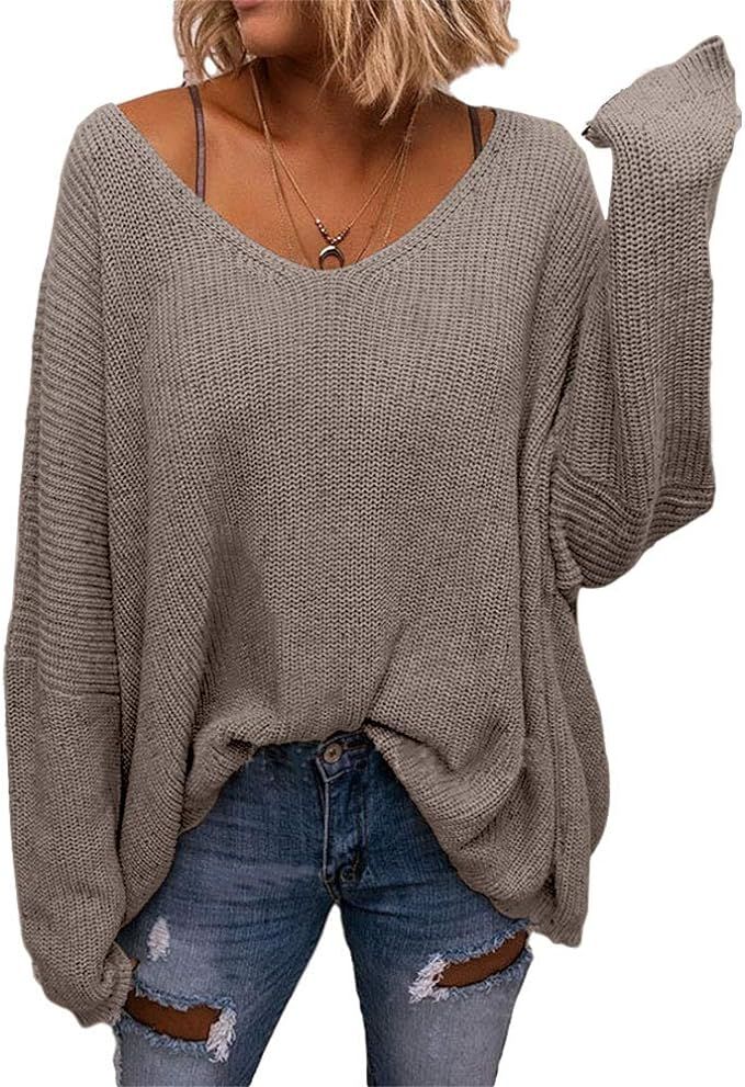 BZB Women's V Neck Long Sleeve Knit Loose Oversized Pullover Sweater | Amazon (US)