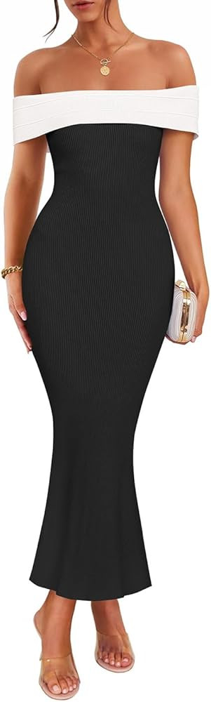 ZESICA Women's 2025 Summer Off The Shoulder Maxi Dress Sleeveless Color Block Knit Bodycon Cockta... | Amazon (US)