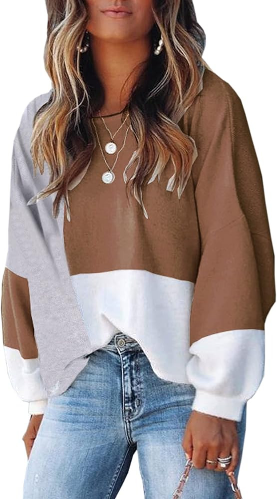 ECOWISH Women Sweater Long Sleeve Color Block Knit Pullover Sweaters Crew Neck Patchwork Casual L... | Amazon (US)