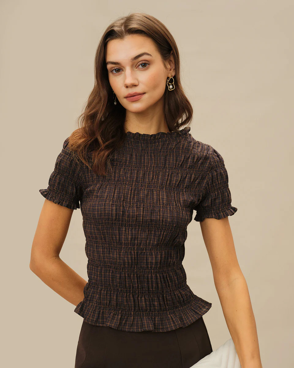 Coffee Plaid Shirred Tee | rihoas.com