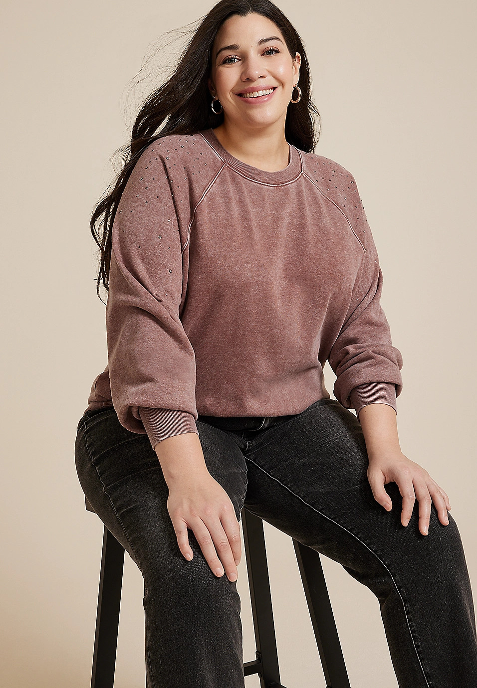 Plus Size edgely™ Rhinestone Embellished Shoulder Relaxed Fit Sweatshirt | Maurices