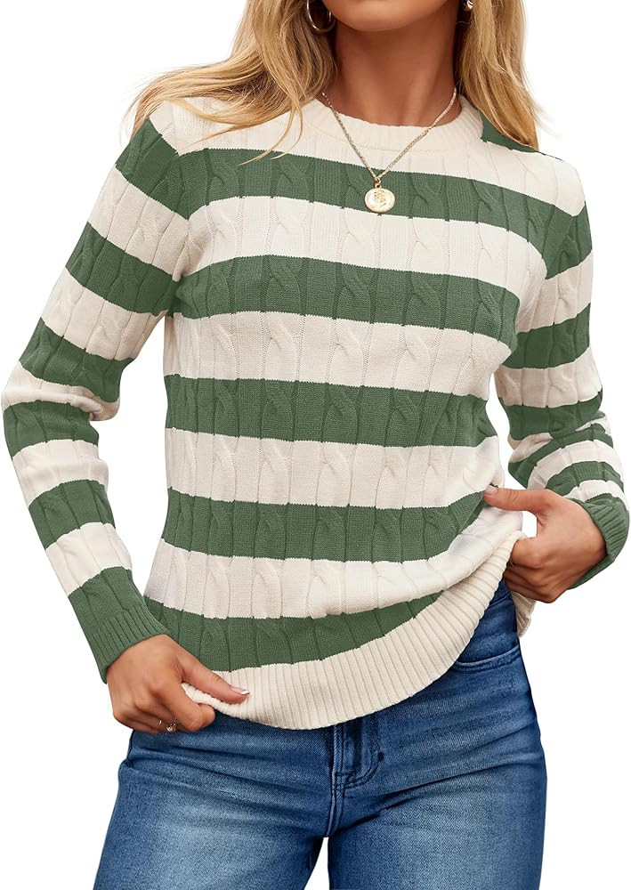 ZESICA Women's Sweaters Fall Winter Casual Striped Long Sleeve Crew Neck Cable Knit Loose Chunky ... | Amazon (US)