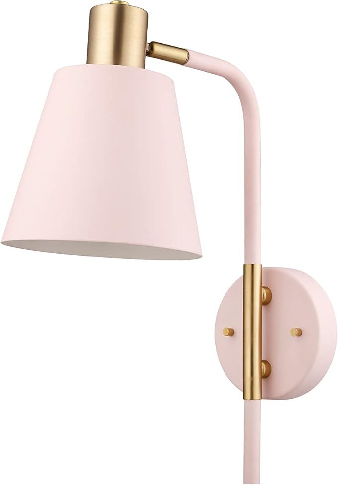 Globe Cleo 1-Light Plug-in or Hardwire Wall Sconce, Blush Pink, Matte Brass Accents, Black Cloth ... | Amazon (US)