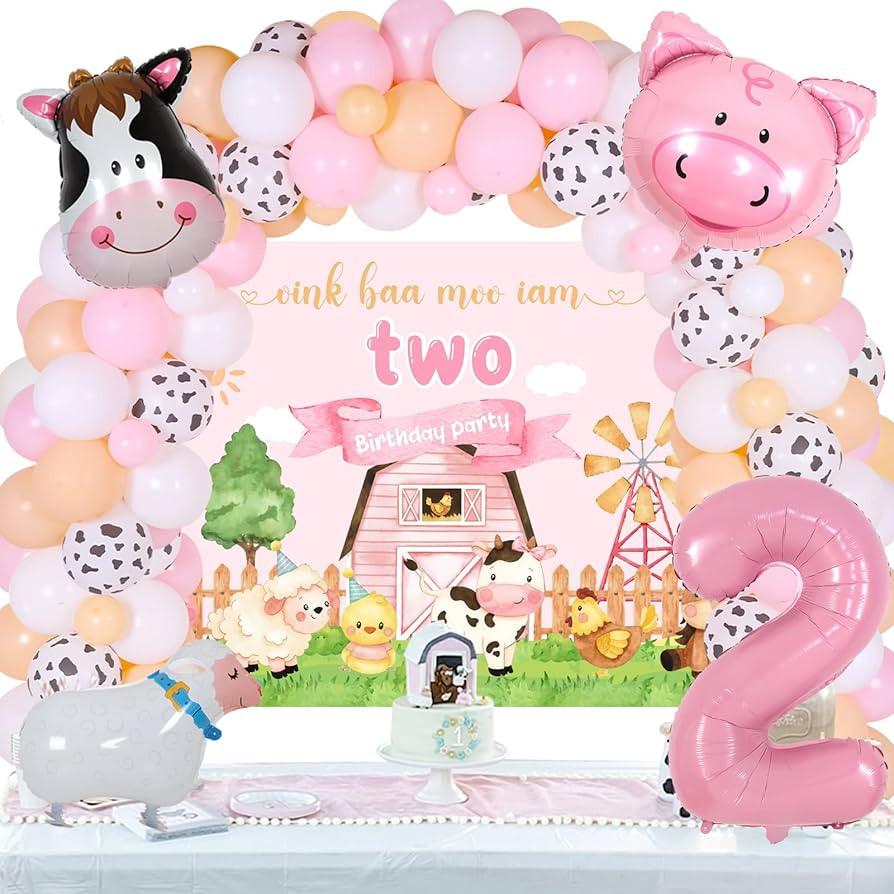 JOYMEMO Pink Farm 2nd Birthday Decorations Girl - Farm Animals Balloon Garland Arch Kit with Oink... | Amazon (US)