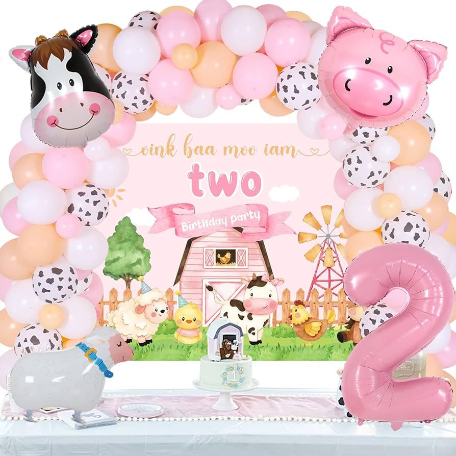 JOYMEMO Pink Farm 2nd Birthday Decorations Girl - Farm Animals Balloon Garland Arch Kit with Oink... | Amazon (US)