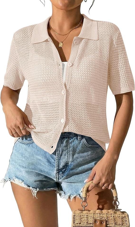 AKEWEI Womens Spring Summer Cardigans Collared Short Sleeve Sweater Shirts Crochet Beach Cover Up... | Amazon (US)