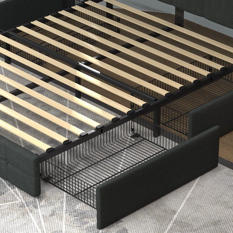 Allewie Dark Grey Queen Platform Bed with 4 Storage Drawers and Headboard, Square Stitched Button... | Walmart (US)