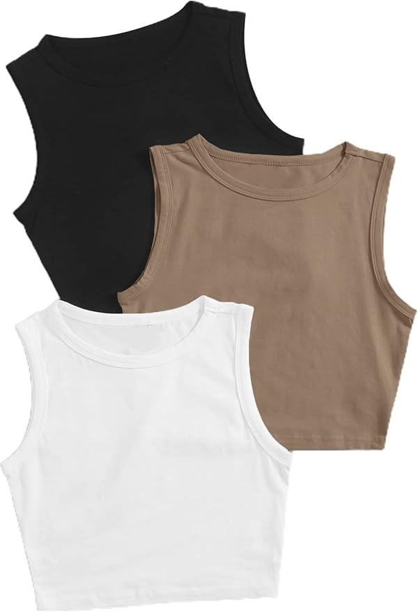 SheIn Women's 3 Pieces Round Neck Sleeveless Racerback Crop Tank Top Ribbed Knit Crop Tops | Amazon (US)