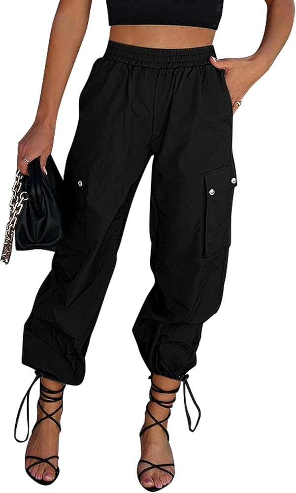 2023 Womens Cargo Pants High Waisted Baggy Parachute Pants Elastic Waist Adjustable Drawstring Ny... | Amazon (US)