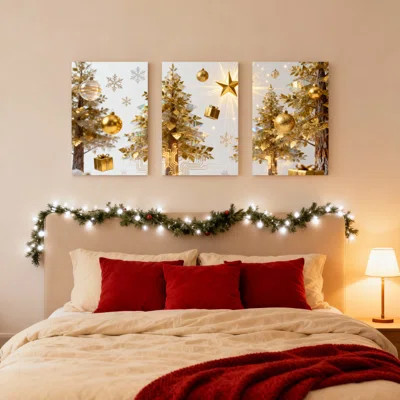 Golden Christmas Tree with Ornaments and Snowflakes Canvas Wrapped Wall Art, Oil Painting Print (Set of 3) | Wayfair North America