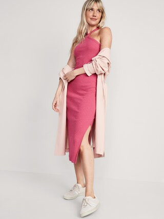 Fitted Rib-Knit Halter Midi Dress for Women | Old Navy (US)