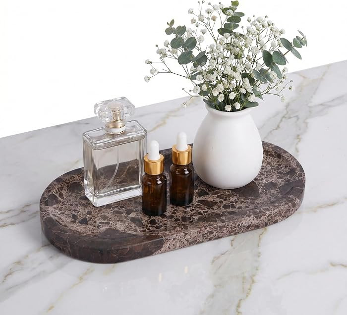 Dark Emperador Marble Vanity Tray for Bathroom Counter, 10"x5" Decorative Tray for Perfume, Candles, Stone Jewelry Dish Tray | Amazon (US)