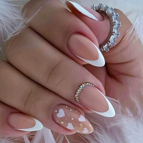 24Pcs Heart Press on Nails Almond Medium Fake Nail Valentines Nails Press ons Acrylic Nail with Sparkly Rhinestones Design Full Cover French Tip False Nails Cute Heart Manicure Decorations for Women | Amazon (US)