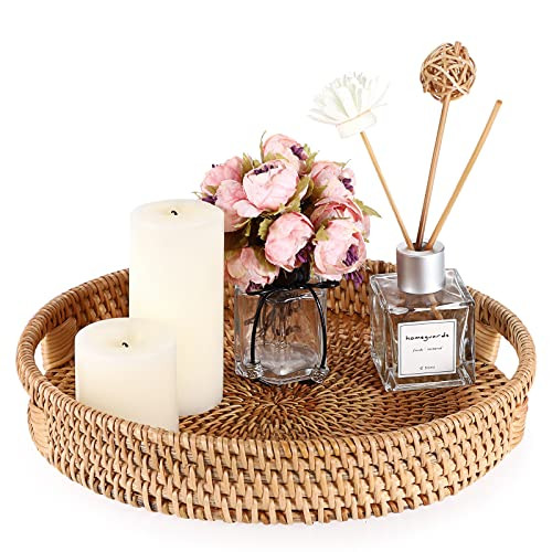Hipiwe 10" Round Rattan Serving Tray with Handles, Hand-Woven Decorative Organizer Tray for Storage Breakfast Drinks Snack, Centerpiece Fruit Basket for Home Decoration, Small | Amazon (US)
