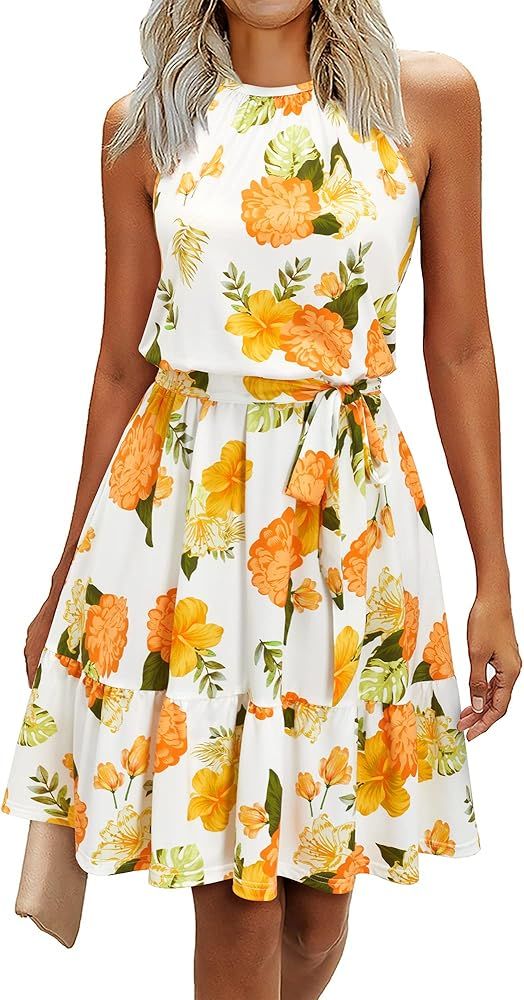 Newshows Women's Summer Halter Floral Dresses Casual Sleeveless Ruffle Sundress with Pockets | Amazon (US)