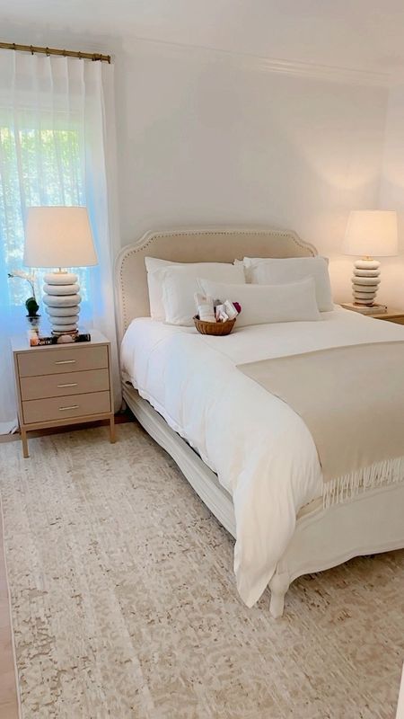 Guest bedroom details -
Bed is several years old from Restoration Hardware.
Love our new nightstands! So convenient in size and the neutral shagreen material elevates the look. 


#LTKhome