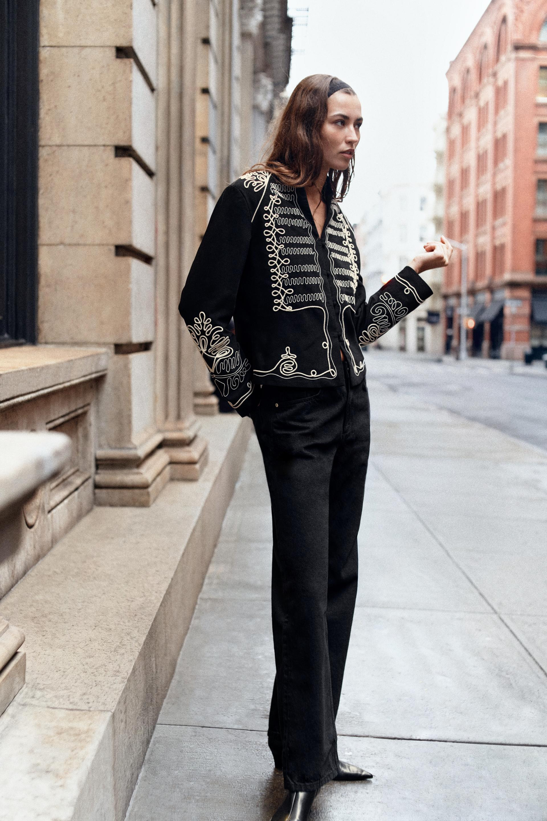 Zara - Embroidered Jacket With Shoulder Pads - Black / White - Xs - Woman | Zara US