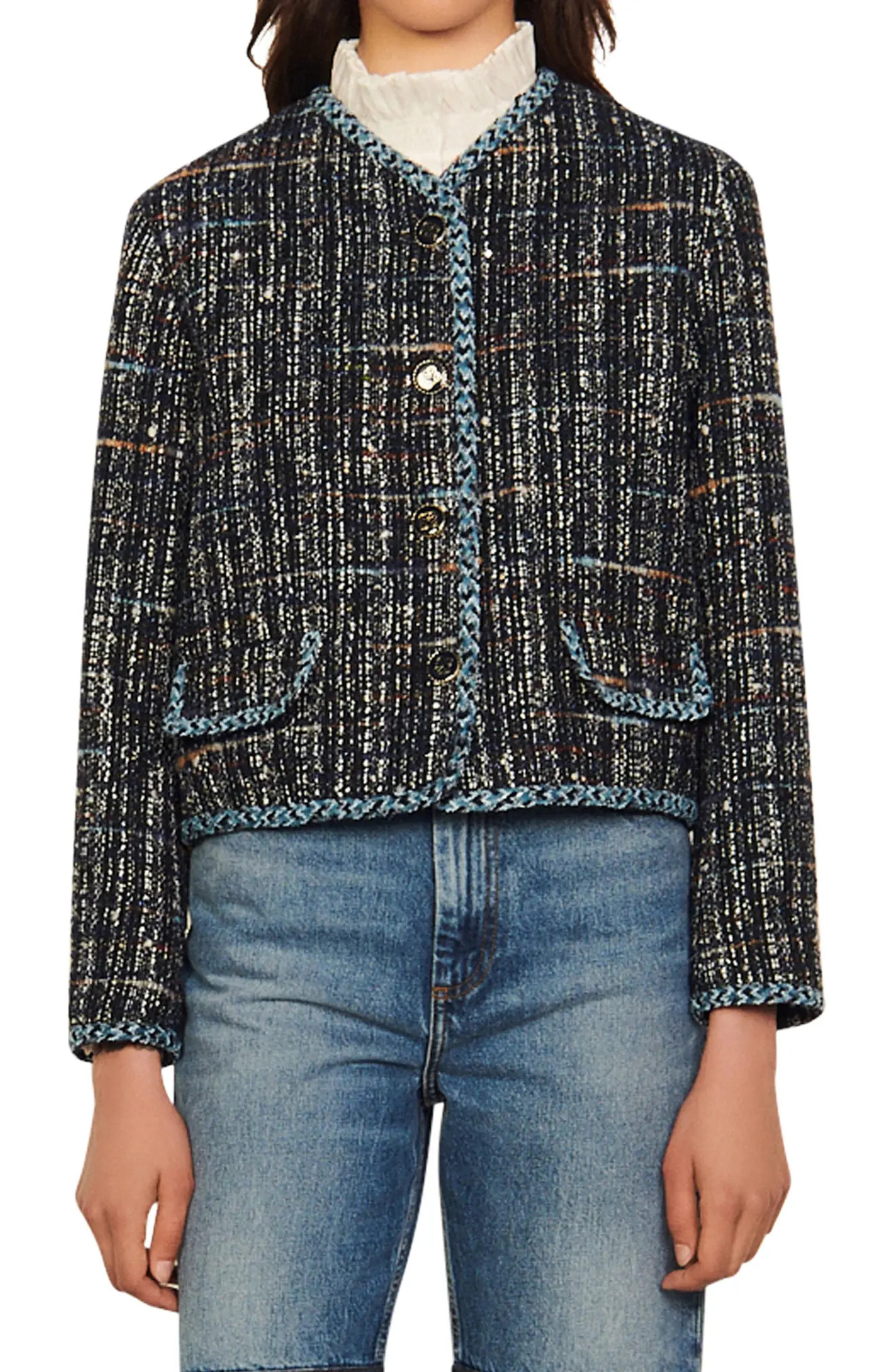 sandro Mareva Tweed Crop Jacket, Size 6 Us in Deep Blu at Nordstrom | Nordstrom