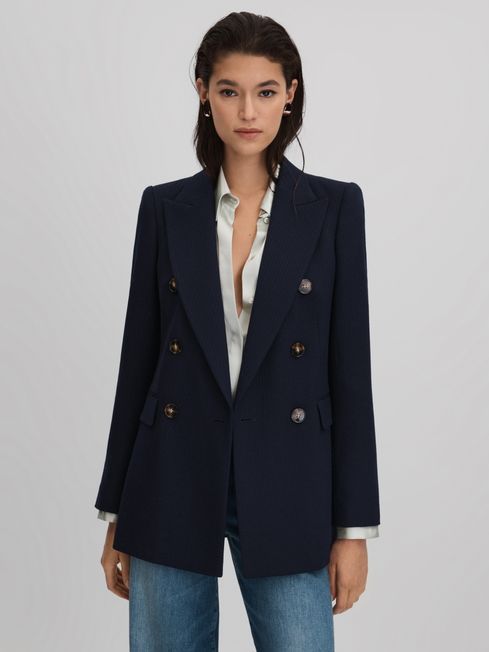 Reiss Navy Lana Petite Tailored Textured Wool Blend Double Breasted Blazer | Reiss UK
