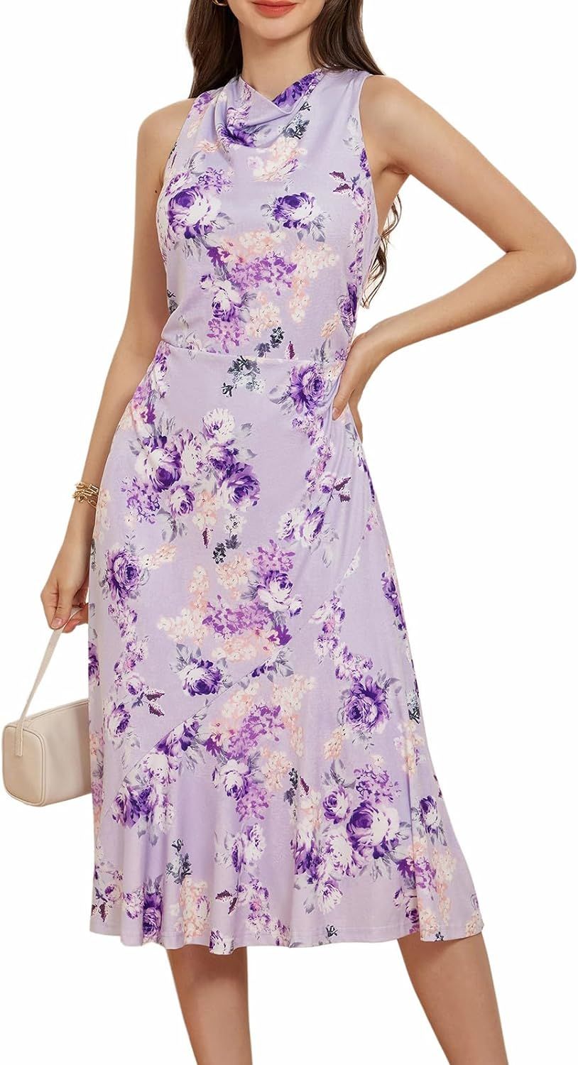 GRACE KARIN Mock Neck Sleeveless Dress Floral Wedding Guest Dress Boho Backless Midi Dress Summer... | Amazon (US)
