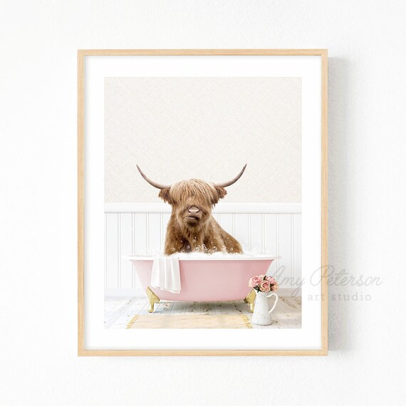 Highland Cow in a Vintage Bathtub, Cottage Rose Bath Style, Cow in Tub, Animal Bathroom Art, Bath... | Etsy (US)