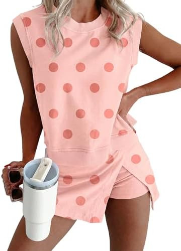 KevaMolly Womens Lounge Sets Ribbed Trim Polka Dot Print Tank Split Mini Skort 2pcs Set Sleeveles... | Amazon (US)