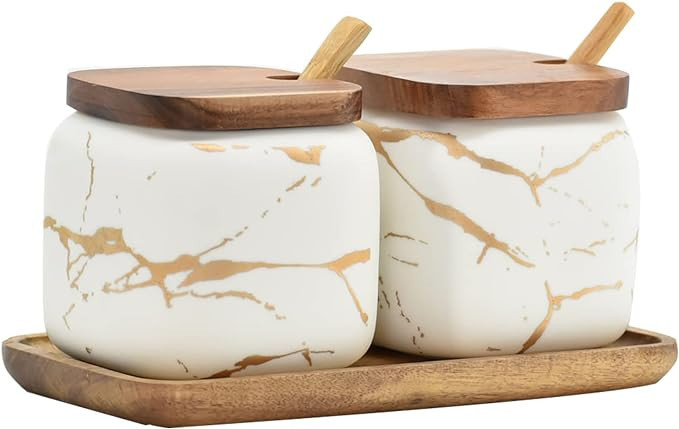 Sets of 2 Marble Ceramic Seasoning Jars Ceramic Sugar Salt bowl Condiment Pots with Wooden Lids,W... | Amazon (US)