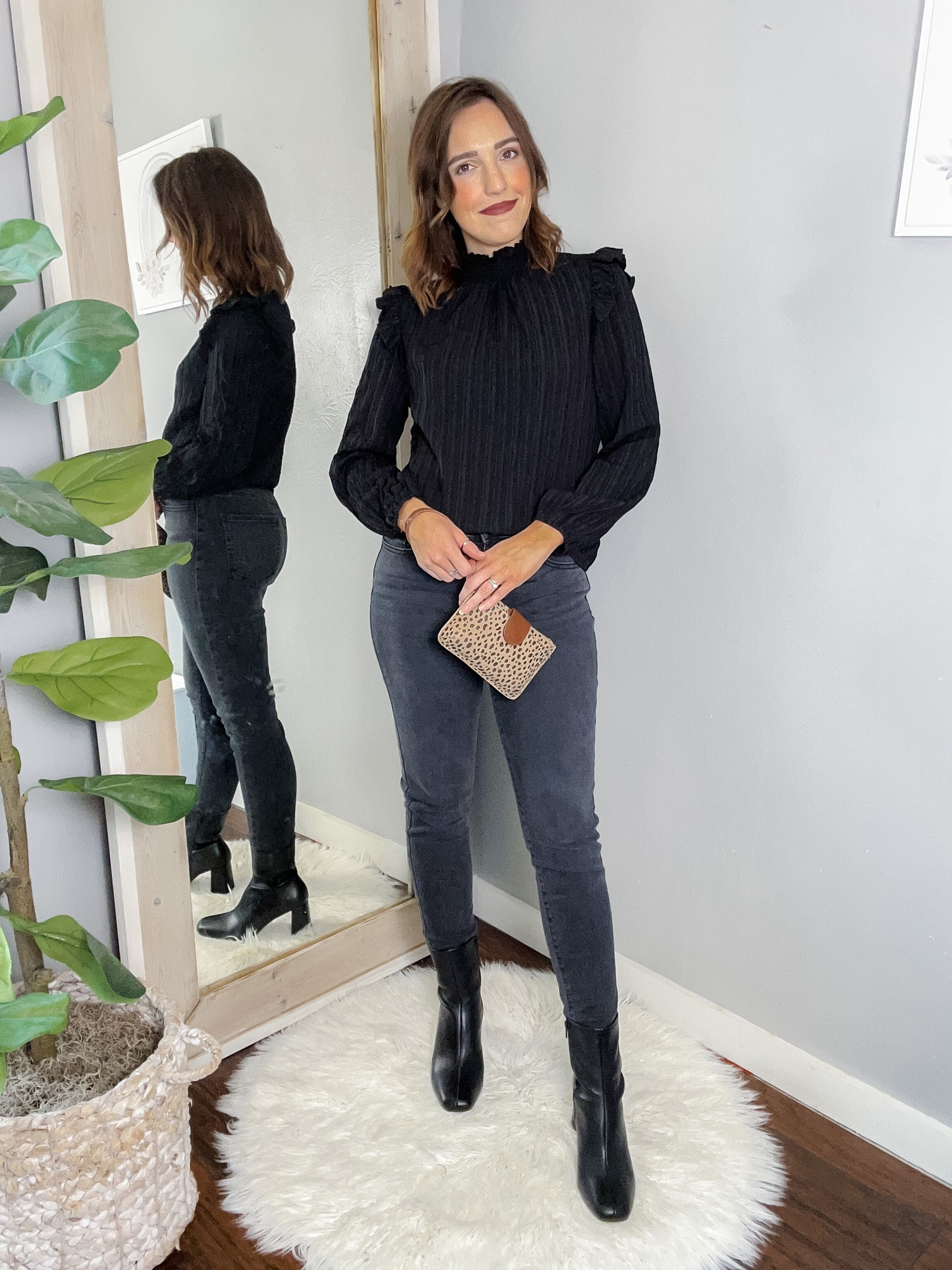 Shein black ruffle long sleeve blouse - TTS, S
Target black stretch booties - TTS
Linked similar black skinny jeans
Linked similar leopard print wristlet purse

Black outfit, modest outfits, fall outfits 

#LTKunder50 #LTKSeasonal #LTKshoecrush