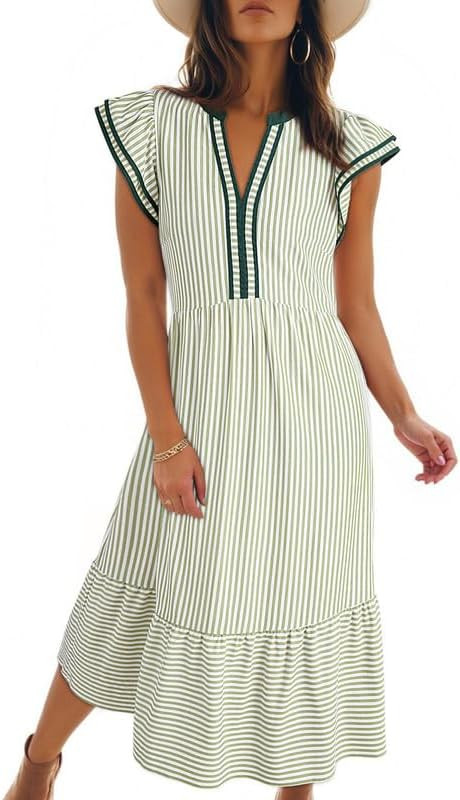 Dokotoo Womens Dresses 2026 Summer V-Neck Ruffle Cap Sleeve Empire Waist Flowy Striped Beach Midi... | Amazon (US)