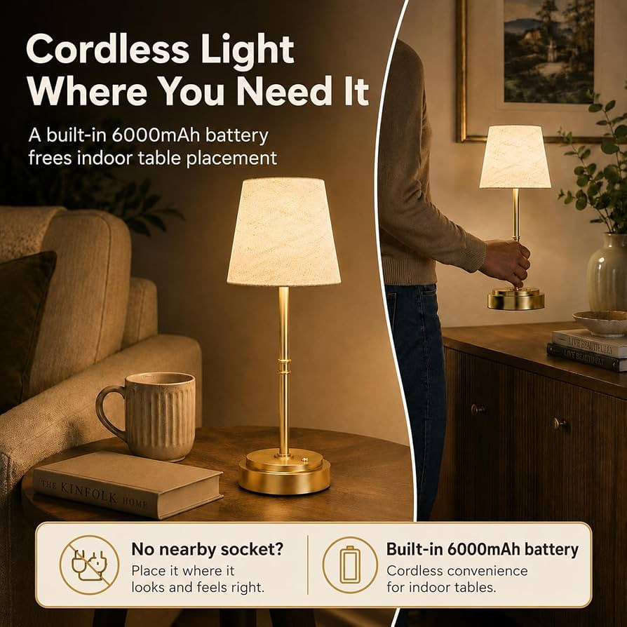 Rechargeable Table Lamp, 6000mAh Cordless Bedside Lamp, Gold, 3000K | Amazon (UK)