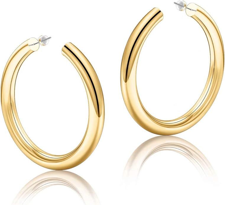 Hoop Earrings for Women - 14K Gold Plated Lightweight Chunky Open Hoops 316L Surgical Stainless S... | Amazon (US)