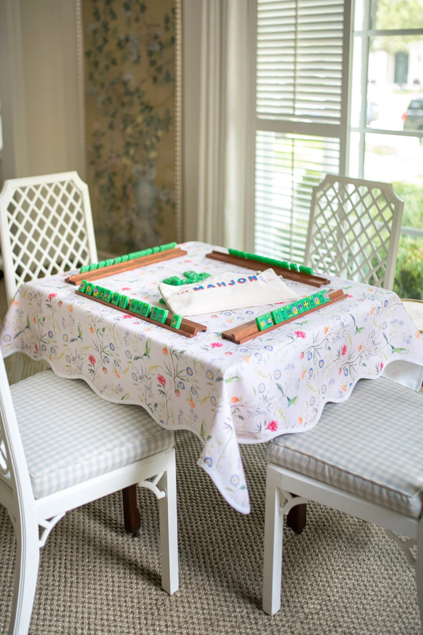 Scalloped Square Game Table Topper | Jardin de Fleurs - Pink | Frances Fields Home