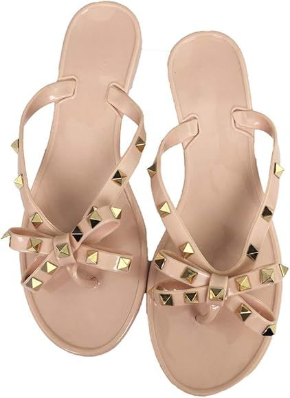 Women Bow Pearls Flip-Flops Sandals Beach Flat Rivets Jelly Shoes Nude Size 9 | Amazon (US)