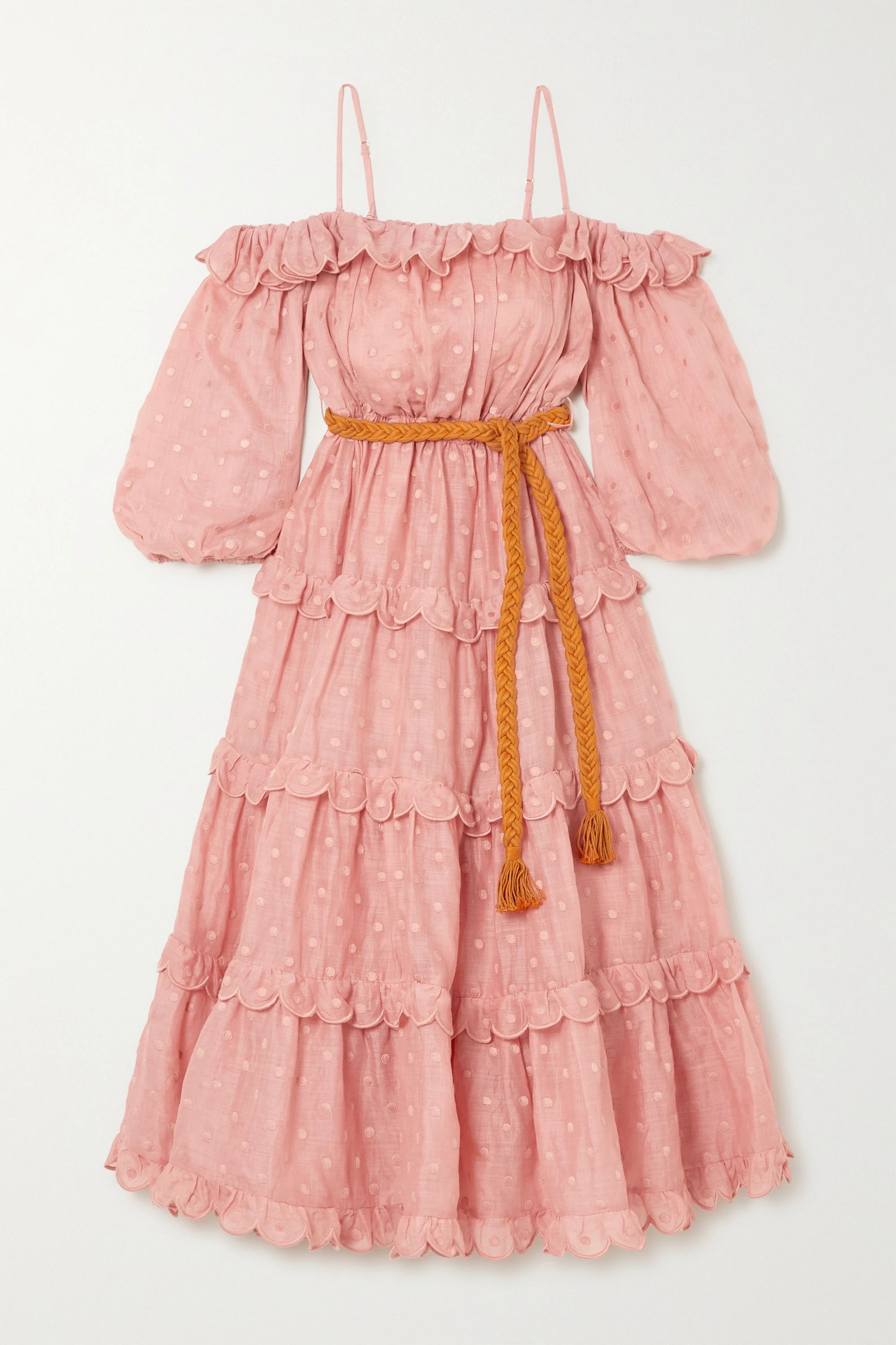 Antique rose Mae cold-shoulder belted embroidered ramie midi dress | Zimmermann | NET-A-PORTER | NET-A-PORTER (UK & EU)