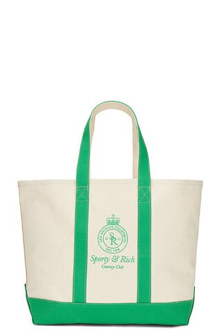 Sporty & Rich Crown Logo Embroidered Two Tone Tote Bag in Natural & Verde | FWRD | FWRD 