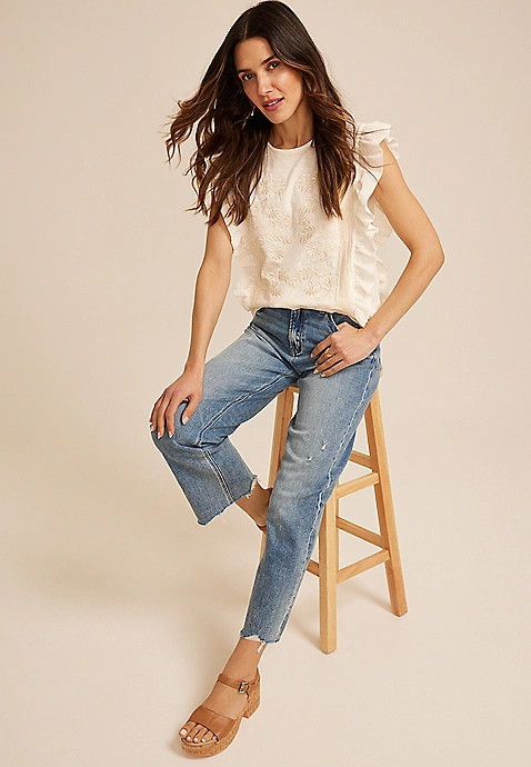Embroidered Ruffle Trim Top | Maurices