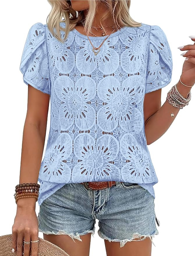 OFEEFAN Blouses for Women Dressy Casual Petal Short Sleeve Shirts Crochet Lace Boho Tops Spring F... | Amazon (US)