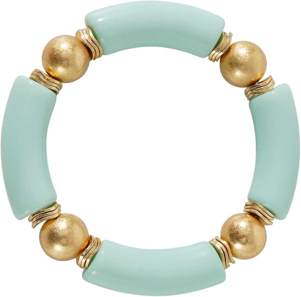 Gold Plated Beaded Acrylic Bamboo Tube Bangle Bracelets for Women, Colorful Chunky Curved Tube Wi... | Amazon (US)